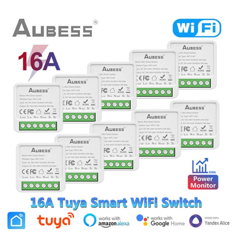 16A Tuya Smart WiFi Switch With Energy Monitor 2-way Mini Smart Breaker SmartLife App Control For Alexa Google Home Yandex Alice