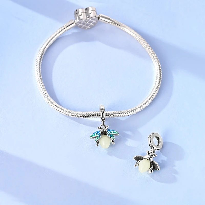 Original 925 Sterling Silver Luminous Firefly Charms Bead Dangle For Women Fine DIY Birthday Jewelry Gifts