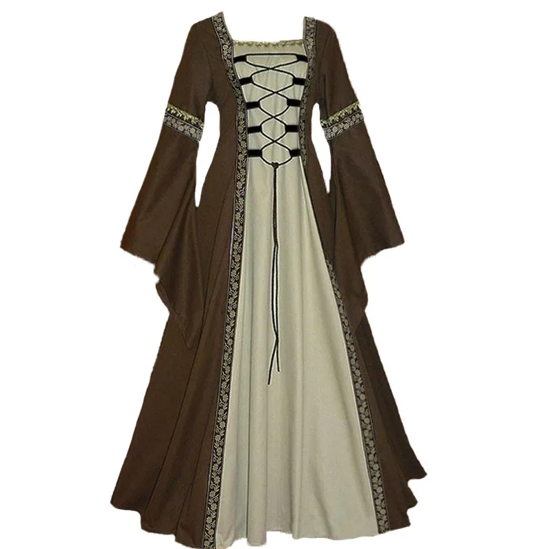 Abito da donna retrò gotico a maniche lunghe retrò celtico, costume cosplay da vampiro, abito elegante da regina a maniche lunghe senza spalline