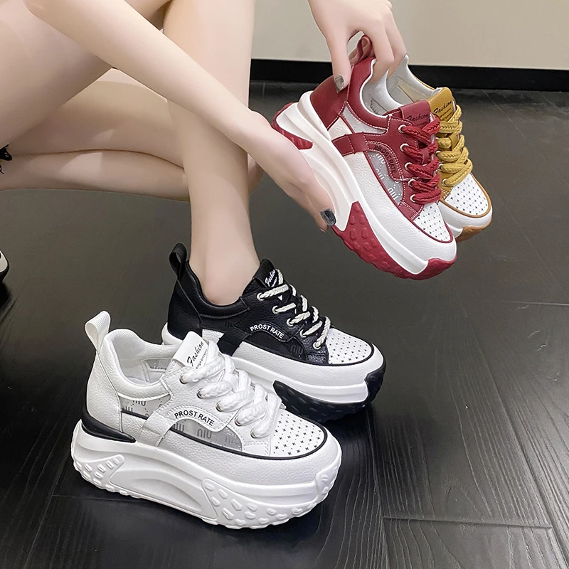 Women High Platform Sneakers Spring Thick Soles Wedges Leather Shoes Hollow Summer Breathable Mesh Casual Chunky Shoes Woman 6CM