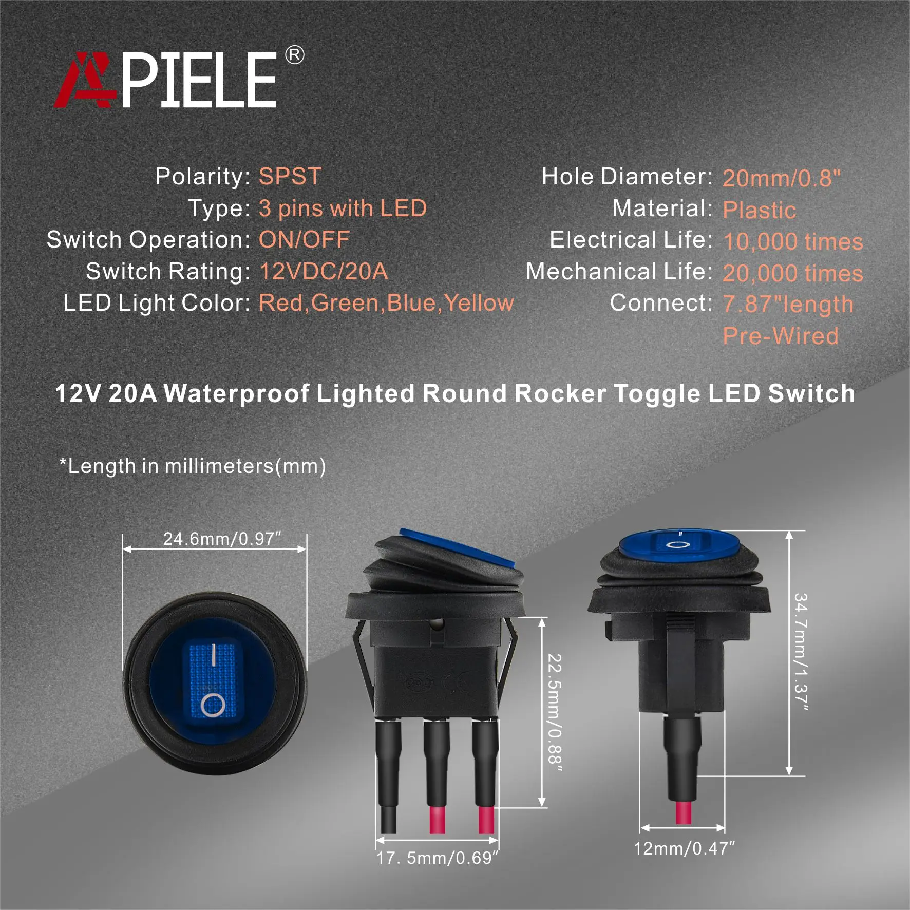 APIELE 5PCS Waterproof Round Rocker Toggle Switch 20CM Pre-Wired 2 Position DC 12V 20A ON-Off with LED Light SPST 3 Pins