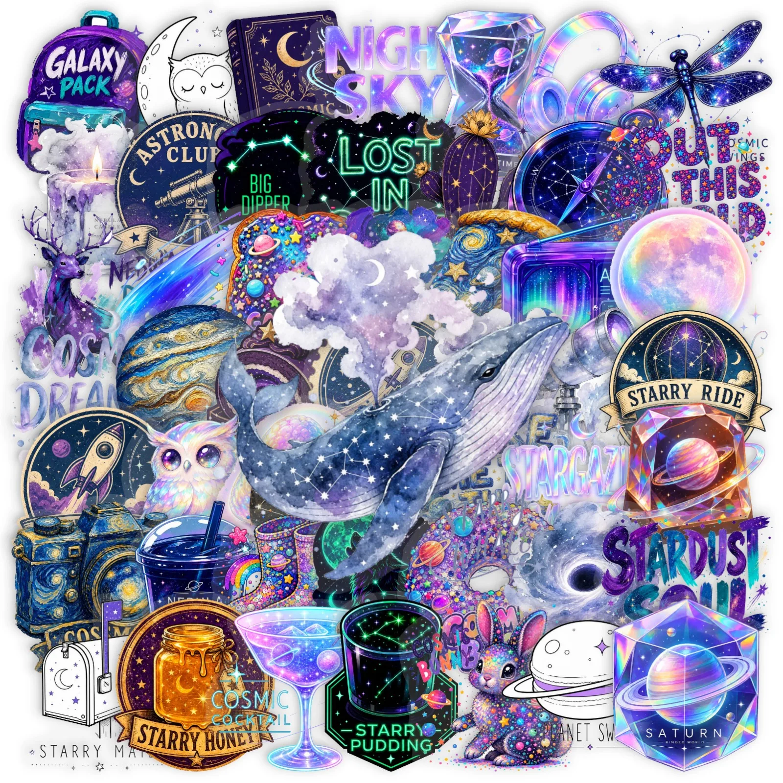 50 Pcs Dreamy Galaxy Universe Stickers Transparent PET Waterproof Decals for Journal Laptop Phone Case Gift