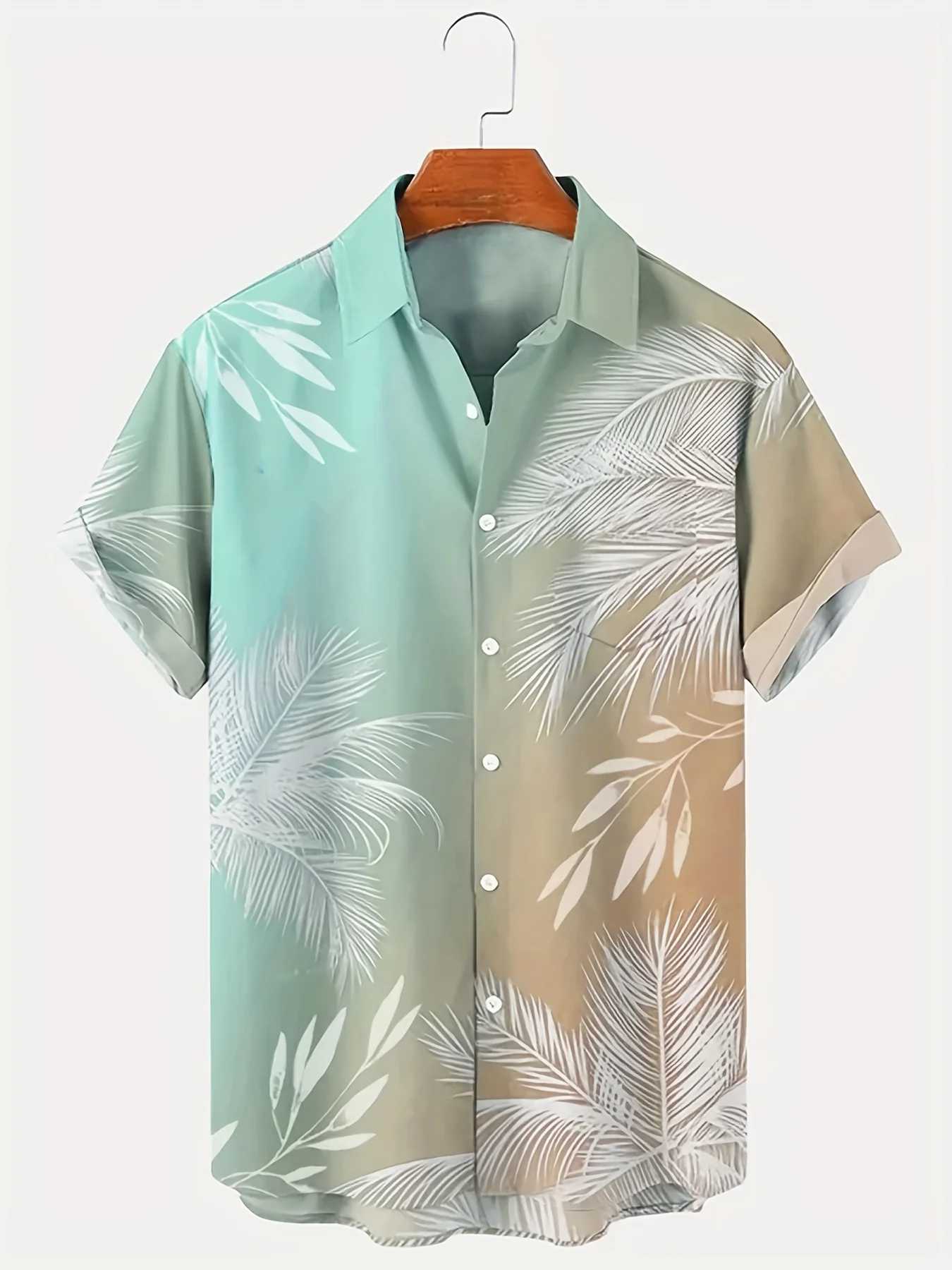 Men's gradient palm leaf print Hawaiian short sleeve shirt, vacation casual comfortable top, fashionable summer clothing