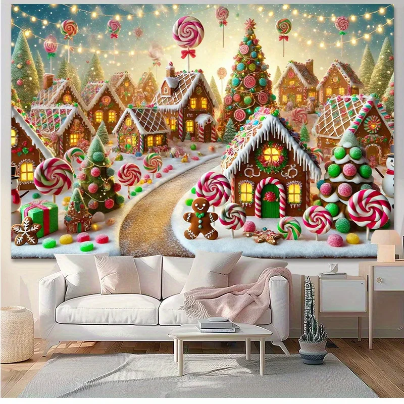 1 piece, gingerbread village Christmas happy scene background cloth, multifunctional wall decoration photography prop