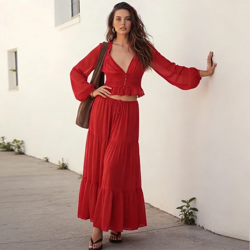 

Tsiisd Casual See Through 2 Piece-Set Long Skirt Women Sexy V-Neck Slim Solid Top And Lace-Up Long Skirt Outfits Female New 2026