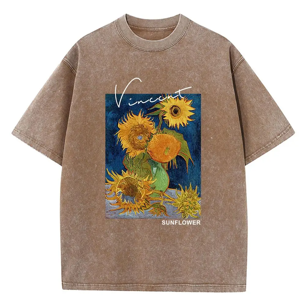 Van Gogh Sunflower Print Printed Male T-Shirt Graphic Cotton T-Shirts High-Quality Cool Tee Shirt Cute Oversized Short Sleeve