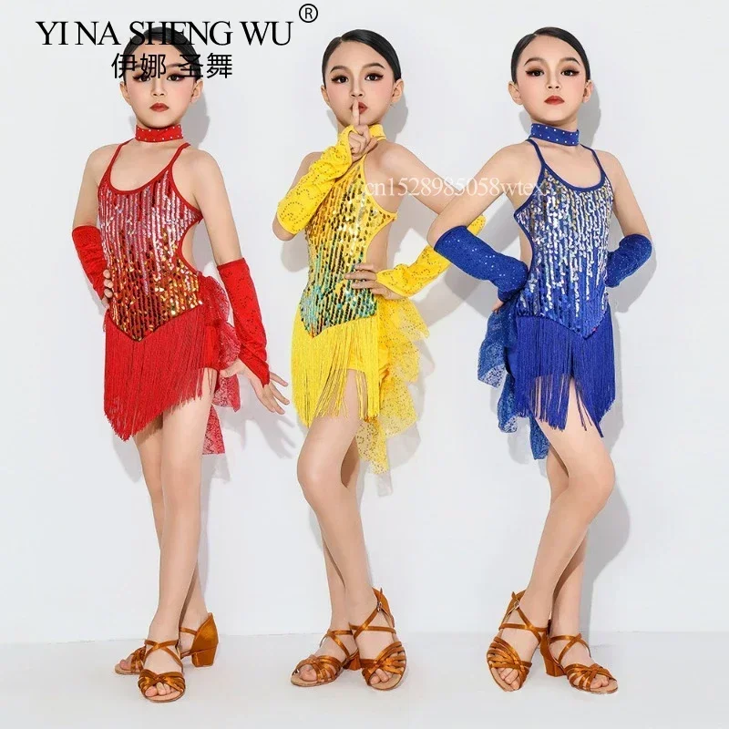 

Детское платье для латиноамериканских танцев с бахромой, без рукавов, с открытой спиной, для выступлений и тренировок по латиноамериканским танцам, ча-ча-ча