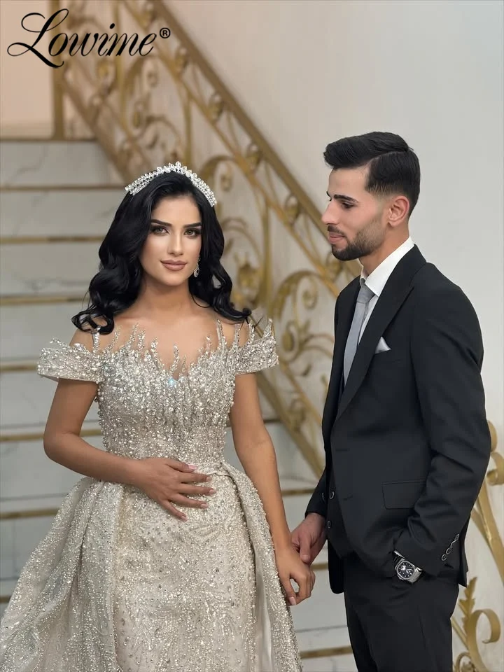 

Серебряное вечернее платье из двух частей с открытыми плечами и кристаллами, свадебные платья, Саудовская Аравия, верхняя юбка, длинные платья для выпускного вечера по индивидуальному заказу