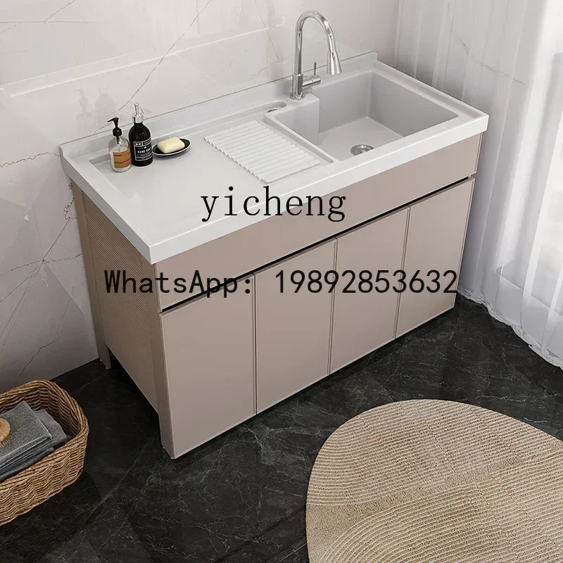 

Y1 Balcony Space Aluminum Laundry Cabinet Floor Cabinet Laundry Pool Quartz Stone with Rub Board