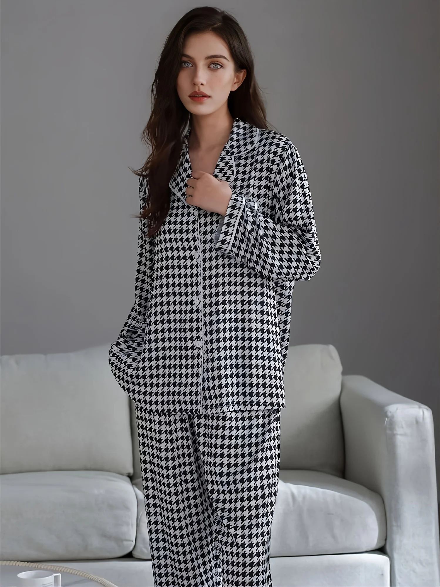 Elegant Classic Houndstooth Print Pajama Set Pocket Button Casual Long Sleeve Shirt Top Pajamas & Trousers Women\'s Loungewear &