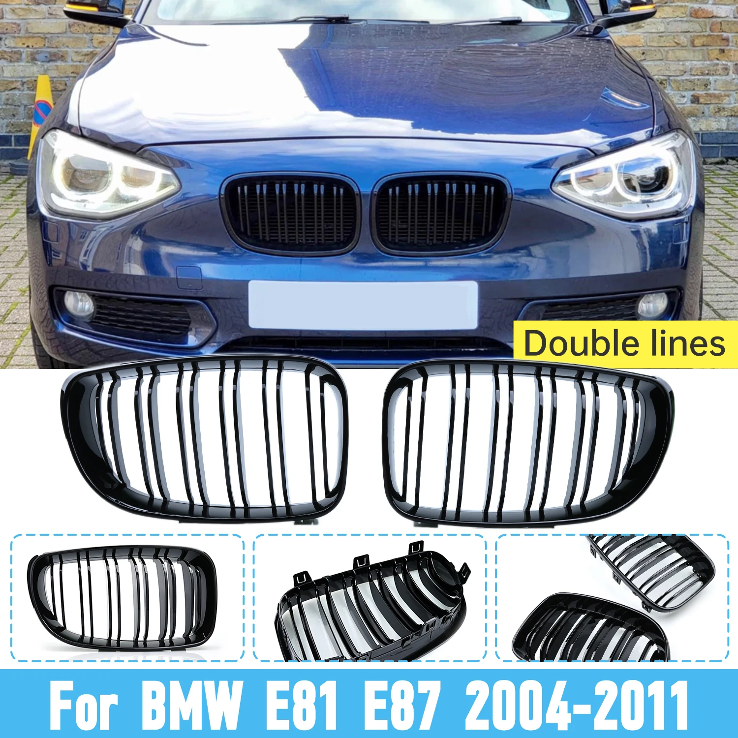 

Front Bumper Kidney Grille Dual Line Slat For BMW 1 Series E81 E87 Glossy Matte Black Racing Grills 2004-2011