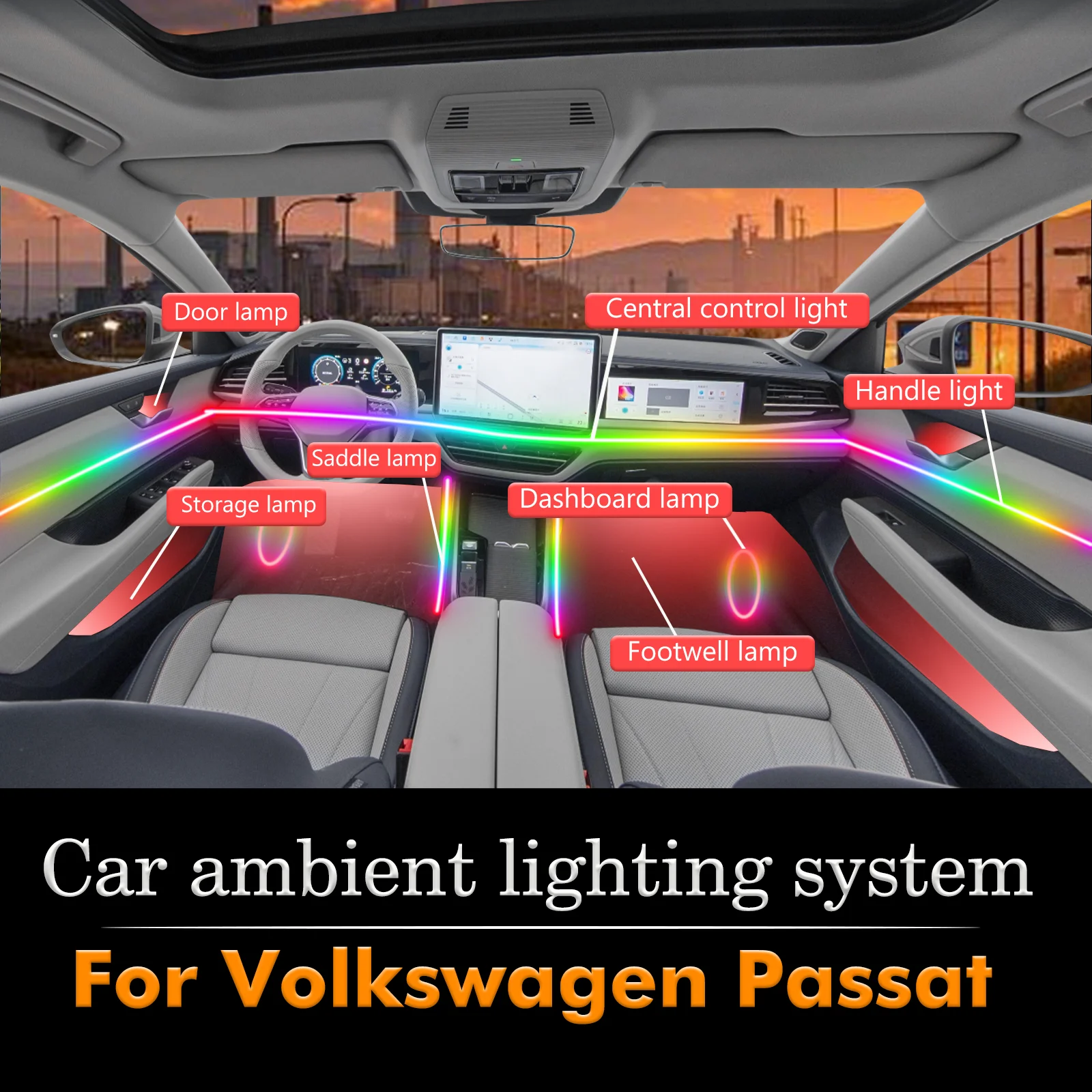 

For Volkswagen Passat RGB 64 Colors LED Car Interior Ambient Light Smart Remote Control Rainbow Acrylic Strip Kit