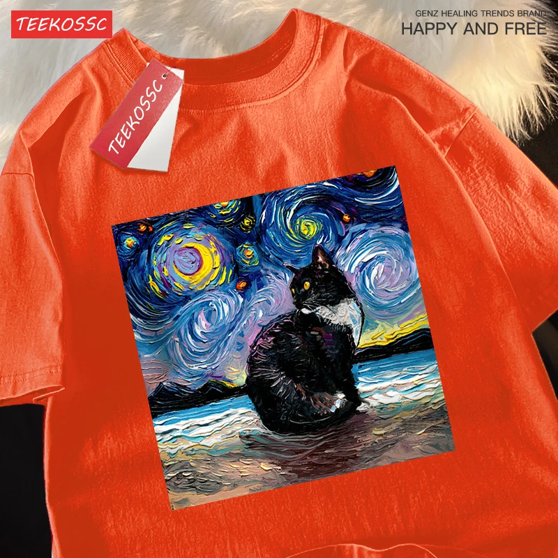 Oil Painting Starry Sky Cat Tshirts Men Women Oversized Cotton Clothing Fashion Summer T-Shirt High Quality Brand Loose Shirts