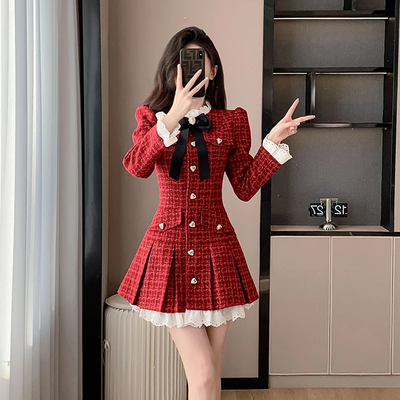 2024 New Years Christmas Light Luxury Tweed Pleated Dress Korean Sweet Long Sleeve Vestido Femininos French Vintage Dresses