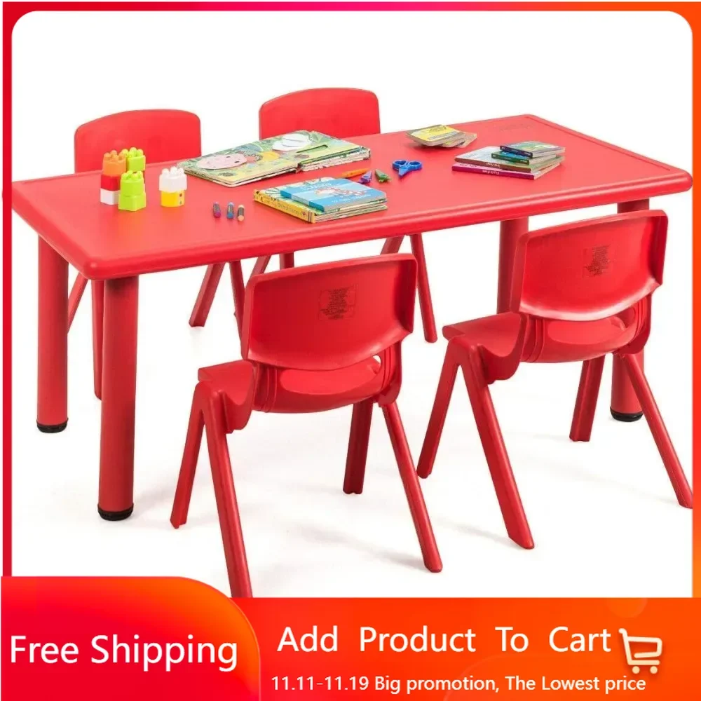 

Kids Table and Chair Set, 4 Pcs Stackable Chairs, 47 x 23.5 Inch Rectangular Plastic Activity Table Set for Children Reading