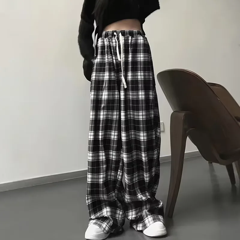 2025 Thin Women Korean Version of High-waisted Wide-leg Pants Casual Straight Hit Color Plaid Elastic Waist Dragging Pants