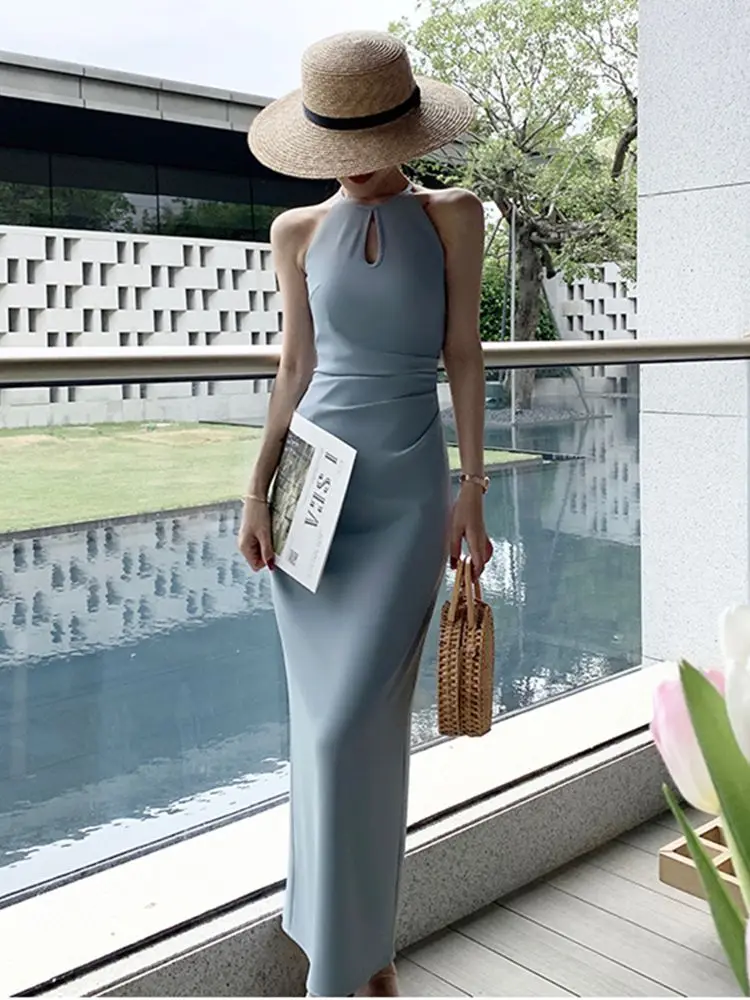 Women's Sexy Elegant Halter Long Dress Hollow Out Sleeveless Club Party Female Bodycon Clothing Summer