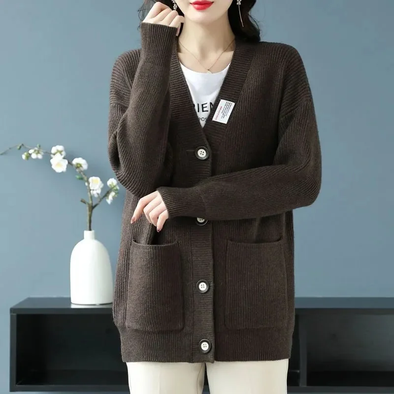 고품질 울 가디건 여성 재킷 2025 봄 가을 신상 스웨터 한국 스타일 루즈핏 레이지 윈드 니트 코트 두꺼운 여성 상의