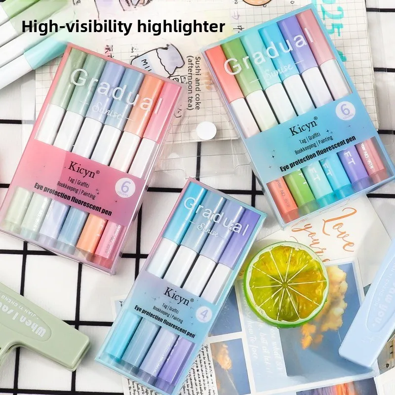 High-Beauty Gradient Fluorescent Highlighters for Emphasizing, Box Pack, Large Capacity, Student-Friendly Eye-Protecting