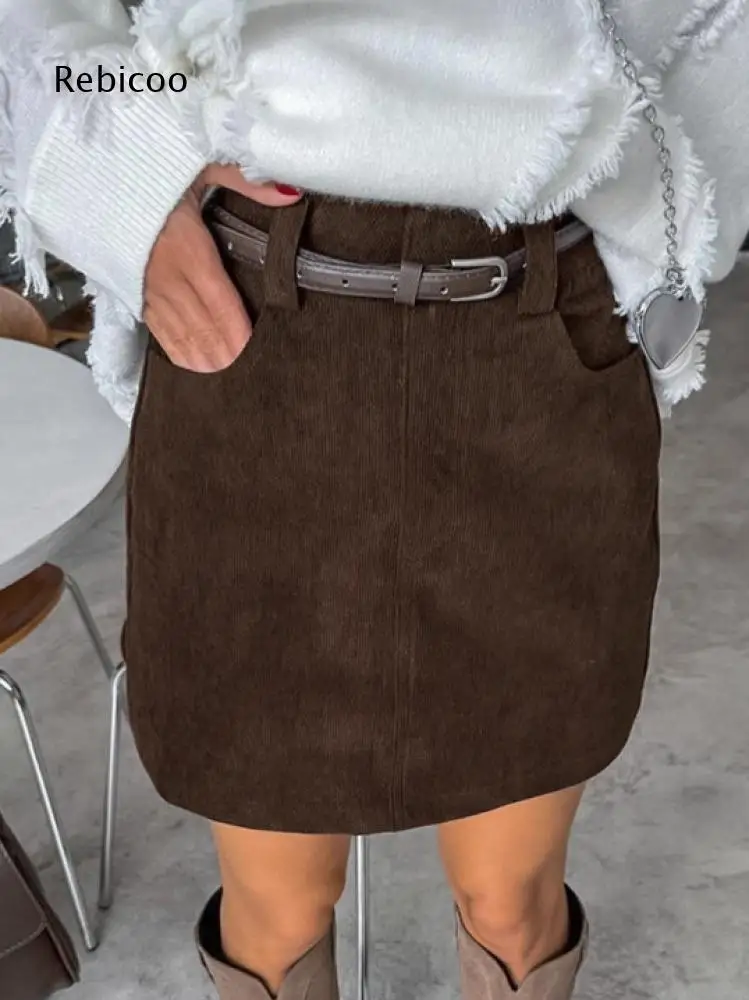 High Waist Straight Corduroy Short Skirt For Women Side Pockets Design For Outdoor Trips And Various Retro Fashion Styling