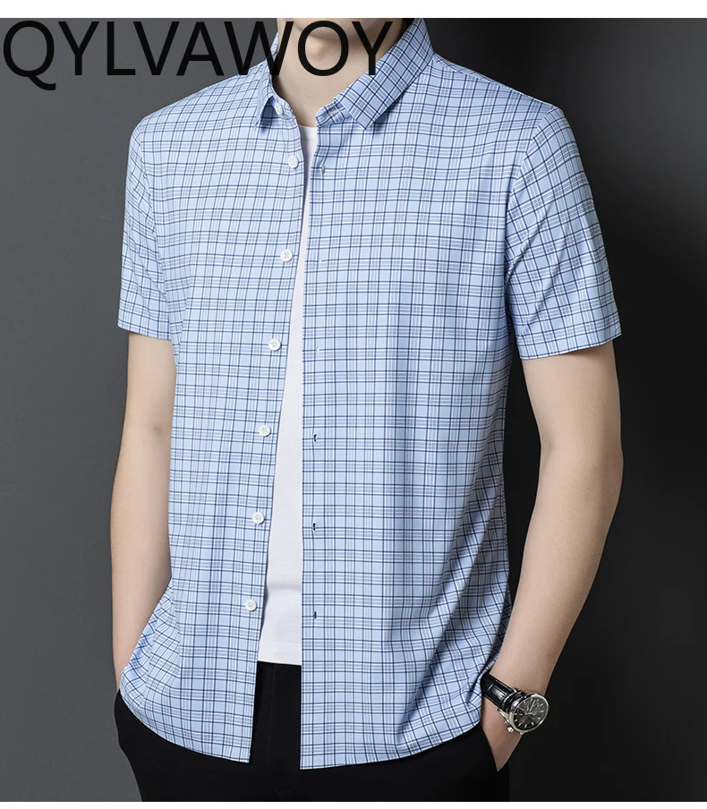 QYLVAWOY New Fashion Man's Shirt Summer Clothes 2024 Business Casual Tops Short Sleeve Thin Shirts for Men Plaid Mens Shirts
