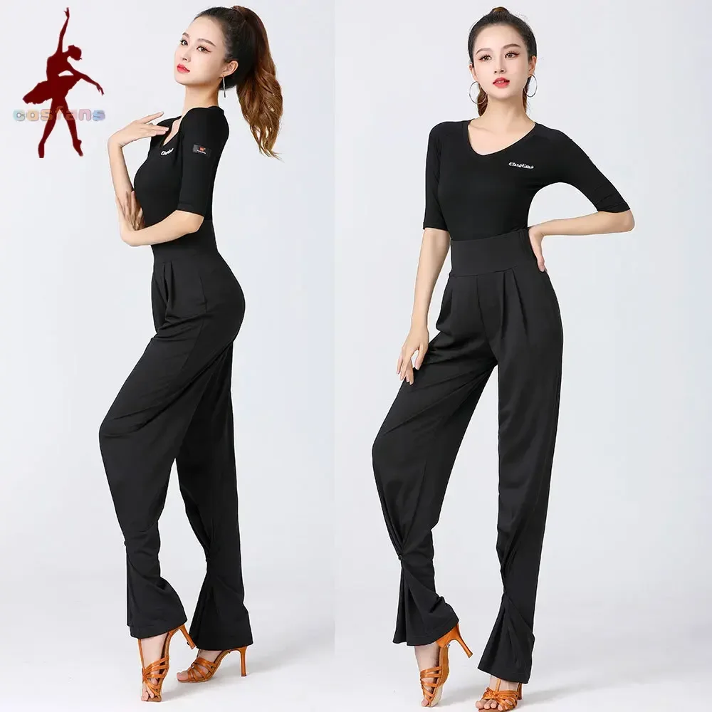 Elastic Latin Dance Pants Thin Style Women's Loose-Fit Long Trousers For Social Dancing Unique Design Leg Tying Feature