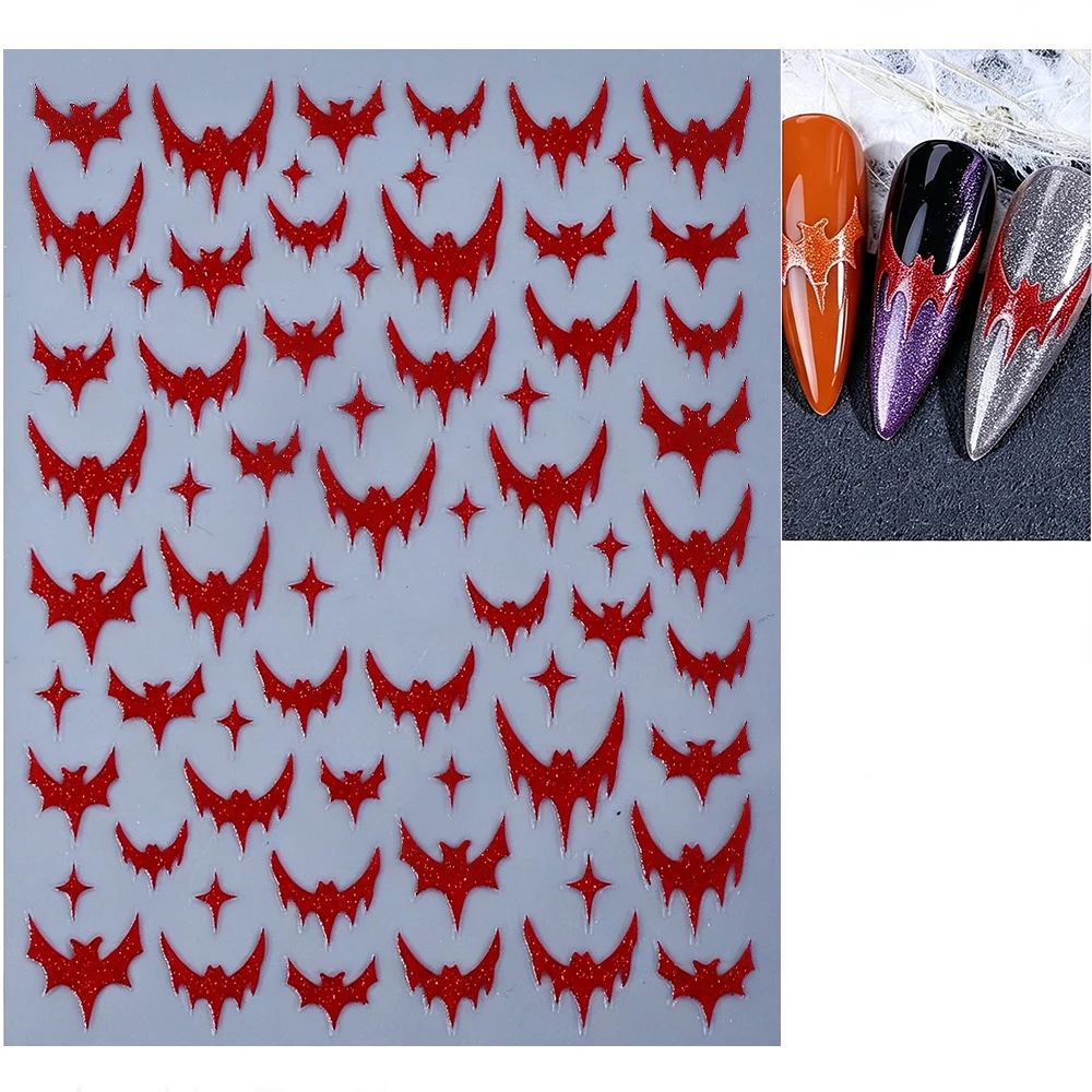 5D Gothic Red Glitter Bat Nail Stickers Sparkly Halloween Bat Star Self-adhesive Nail Decals For French Decorations Nail Sliders