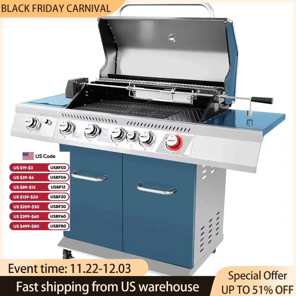 BBQ Grills BBQ Rotisserie Kit  Sear Burner Rear Burner and Side Burner, Patio Picnic Backyard Blue Propane Grills Gas Grills