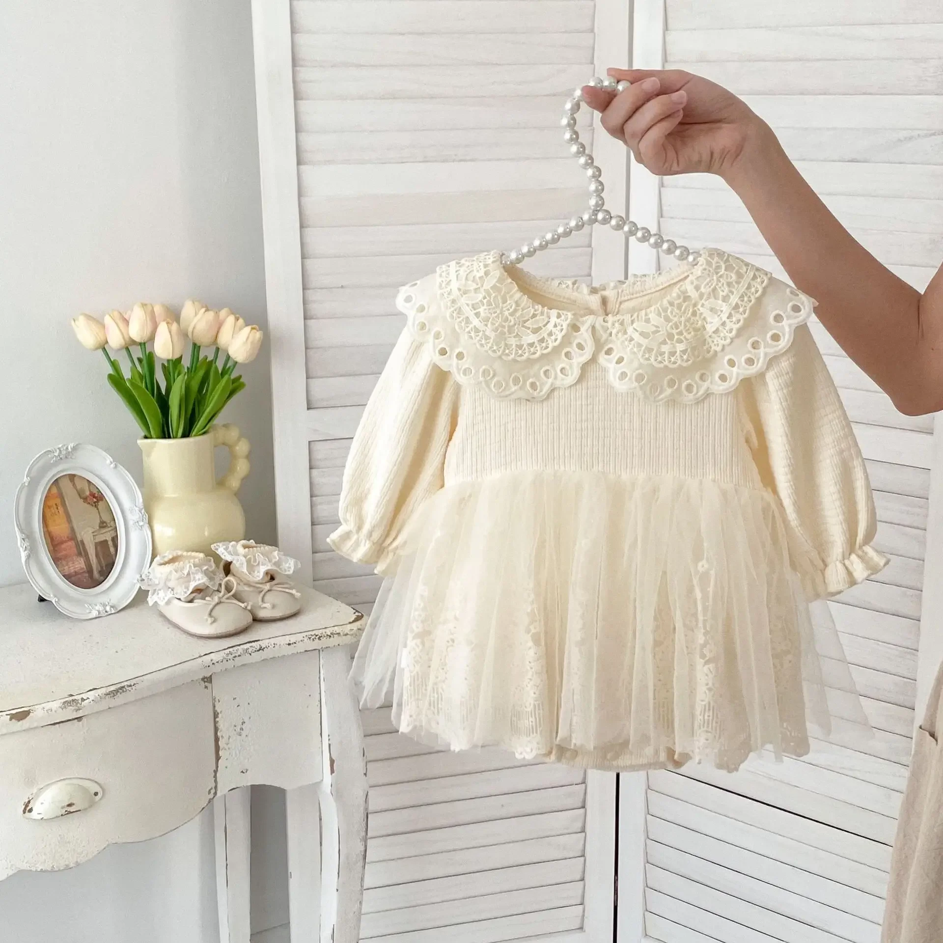 0-2 Y 2024 Autumn Baby Bodysuits Sweet Lace Peter Pan Collar Girls Bodysuit Mesh Princess Dress Infant One Piece Girls Clothes