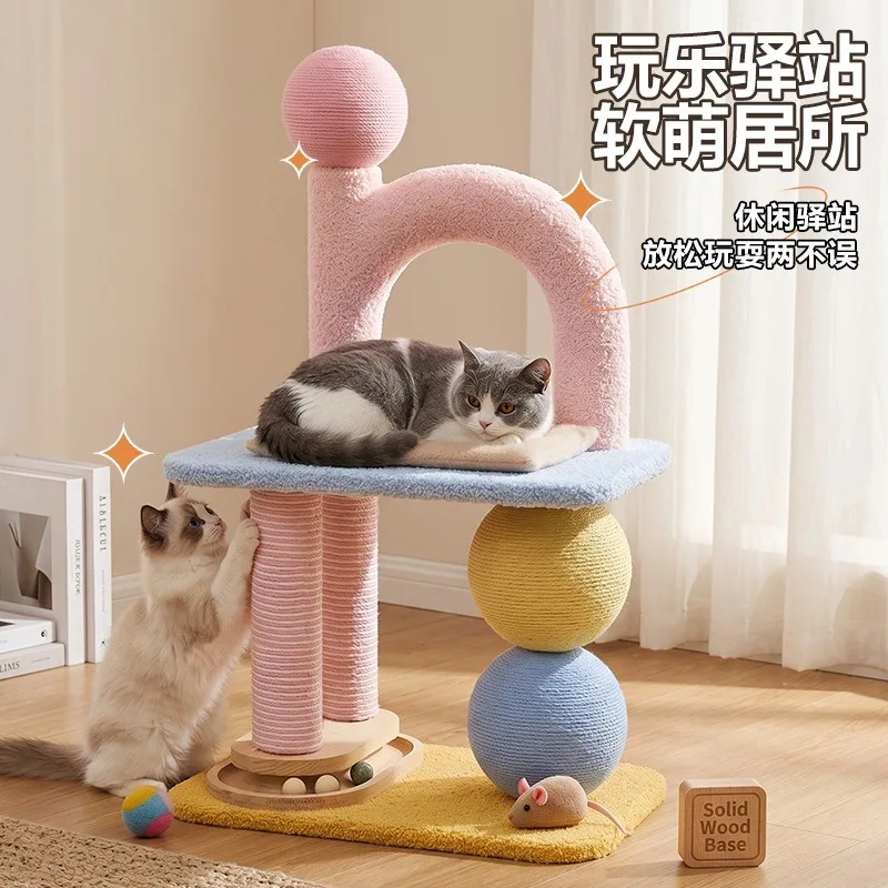 Vertical sisal cat climbing frame, cat bed integrated for small home use, space-saving, scratch-resistant, lint-free, burrowing