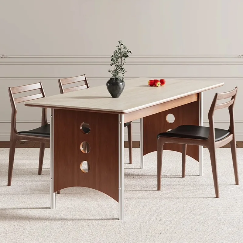 

Medieval solid wood travertine rock slab long dining table and chair combination household small apartment ash wood rectangular