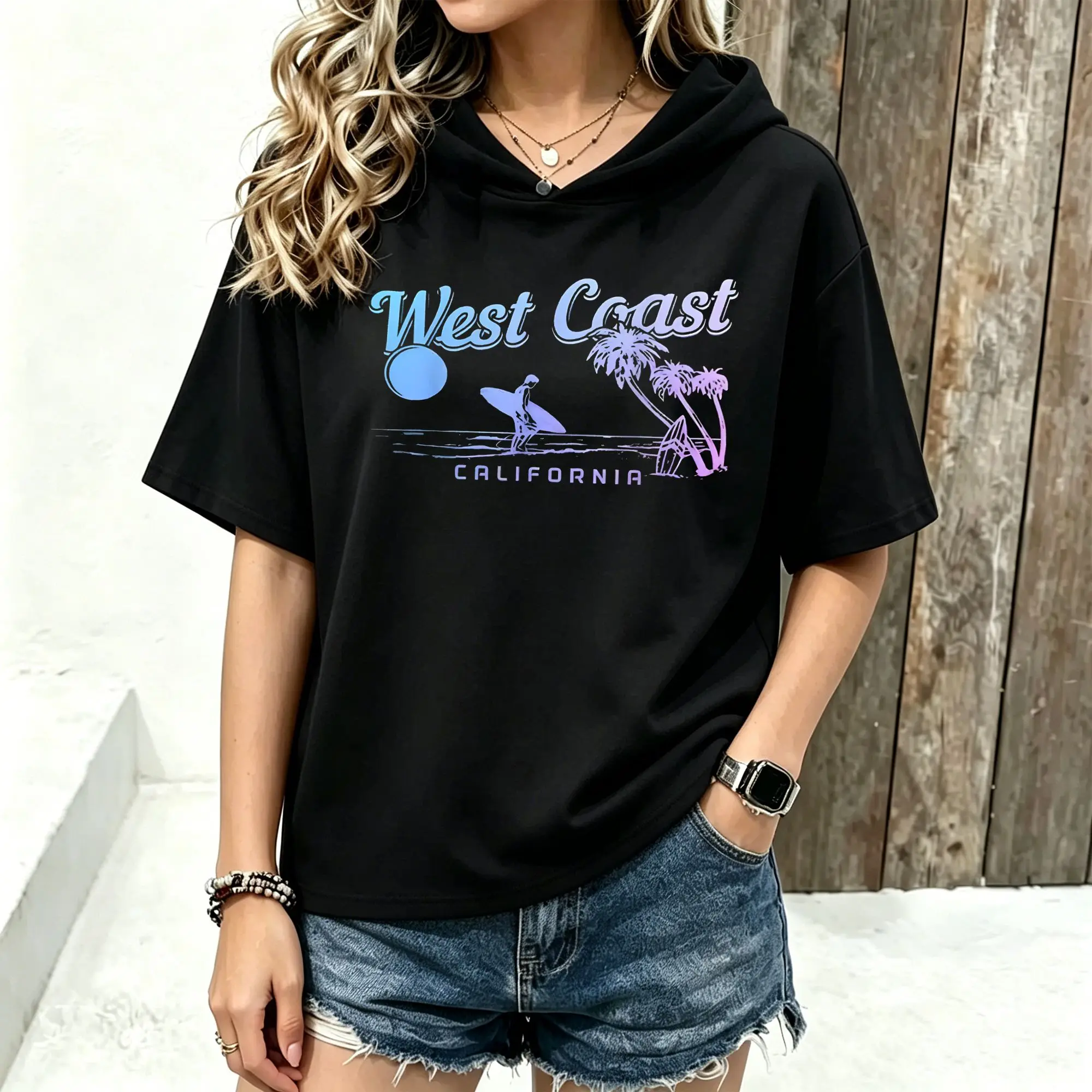 Women Short Sleeve Hooded T‑Shirt West Coast California Surf Palm Tree Retro Beach Graphic Print Spring Summer Loose Hoodie Tee Streetwear Casual Short Sleeve Hood Tops