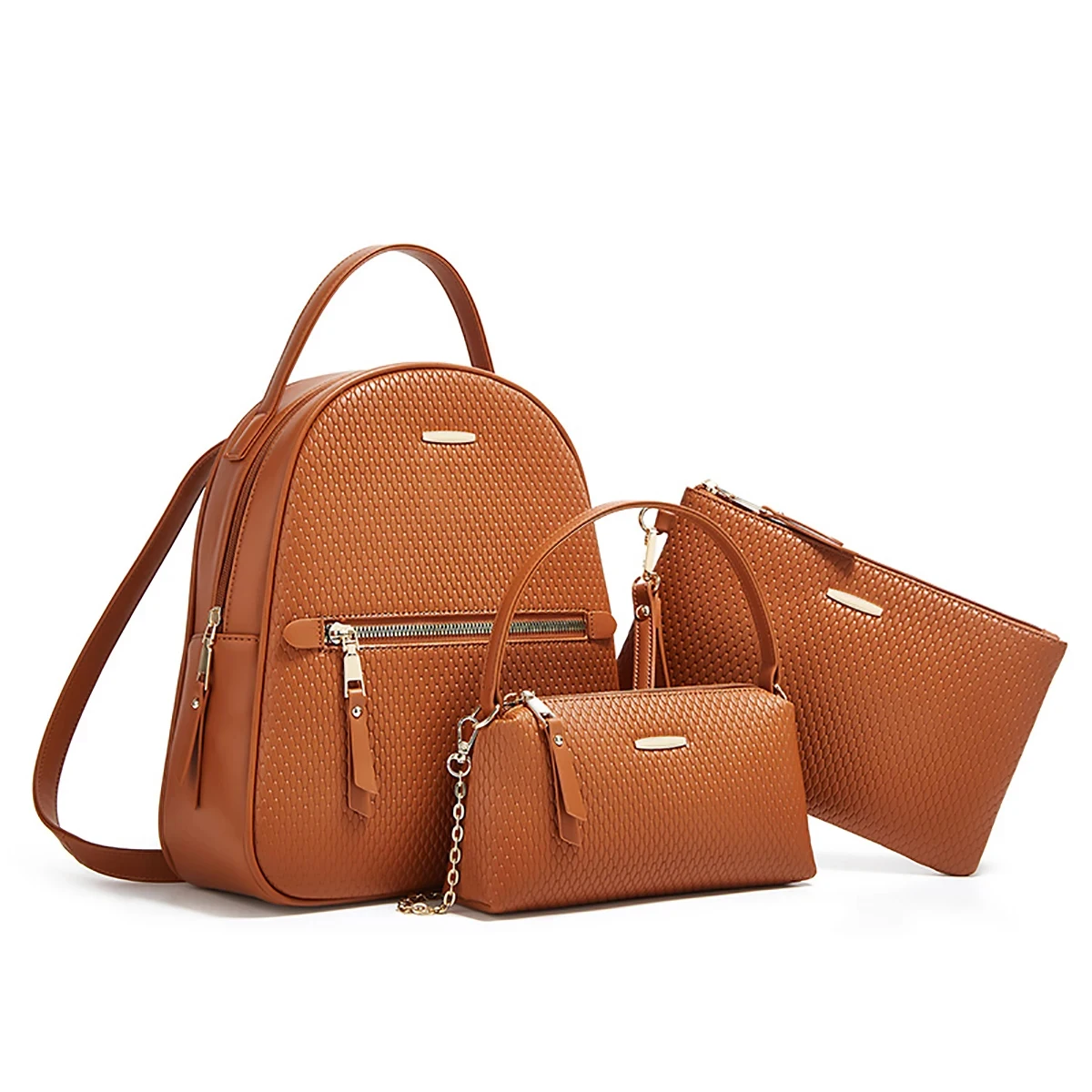 CR Classic Cream Color PU Vegan Leather Embossed Backpack Set Crossbody Bag Small Wallet Purse For Women Daily Travel School Use