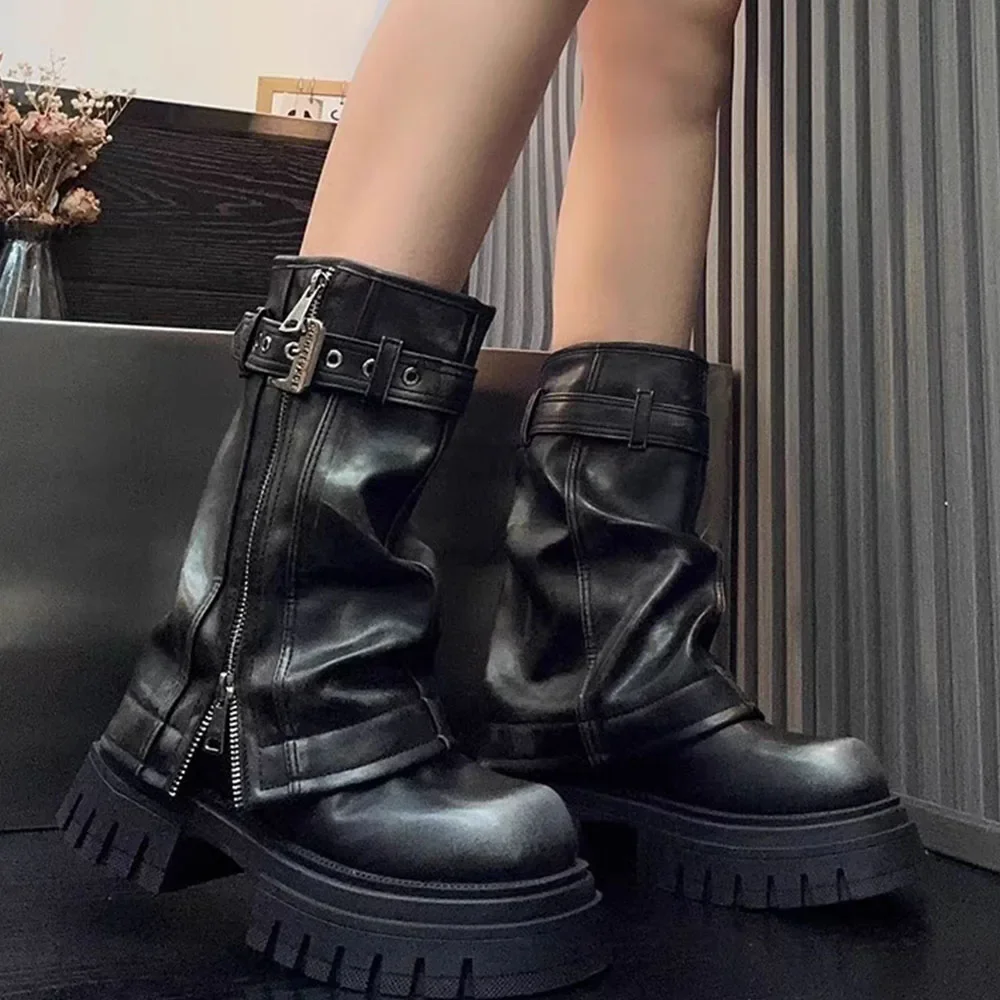 

2024 Punk Platform Fold Ankle Boots for Women Belt Buckle Cool Combat Booties Goth Street Shoes For Women