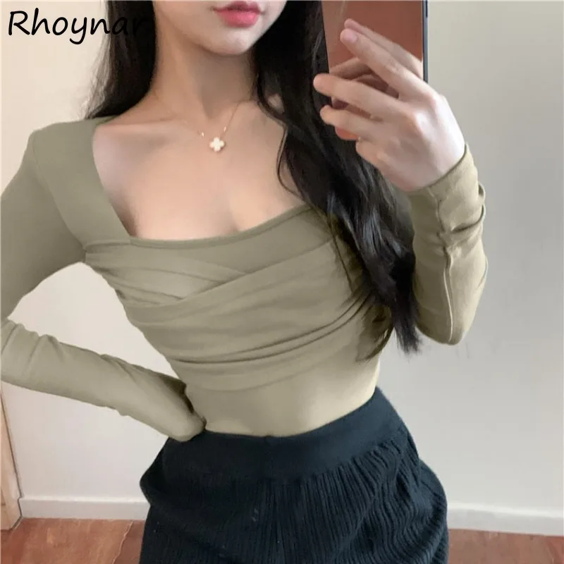 Square Collar Long Sleeve T-shirts Women Autumn Office Ladies Graceful Temperament Slimming Solid Simple All-match Ulzzang Cozy