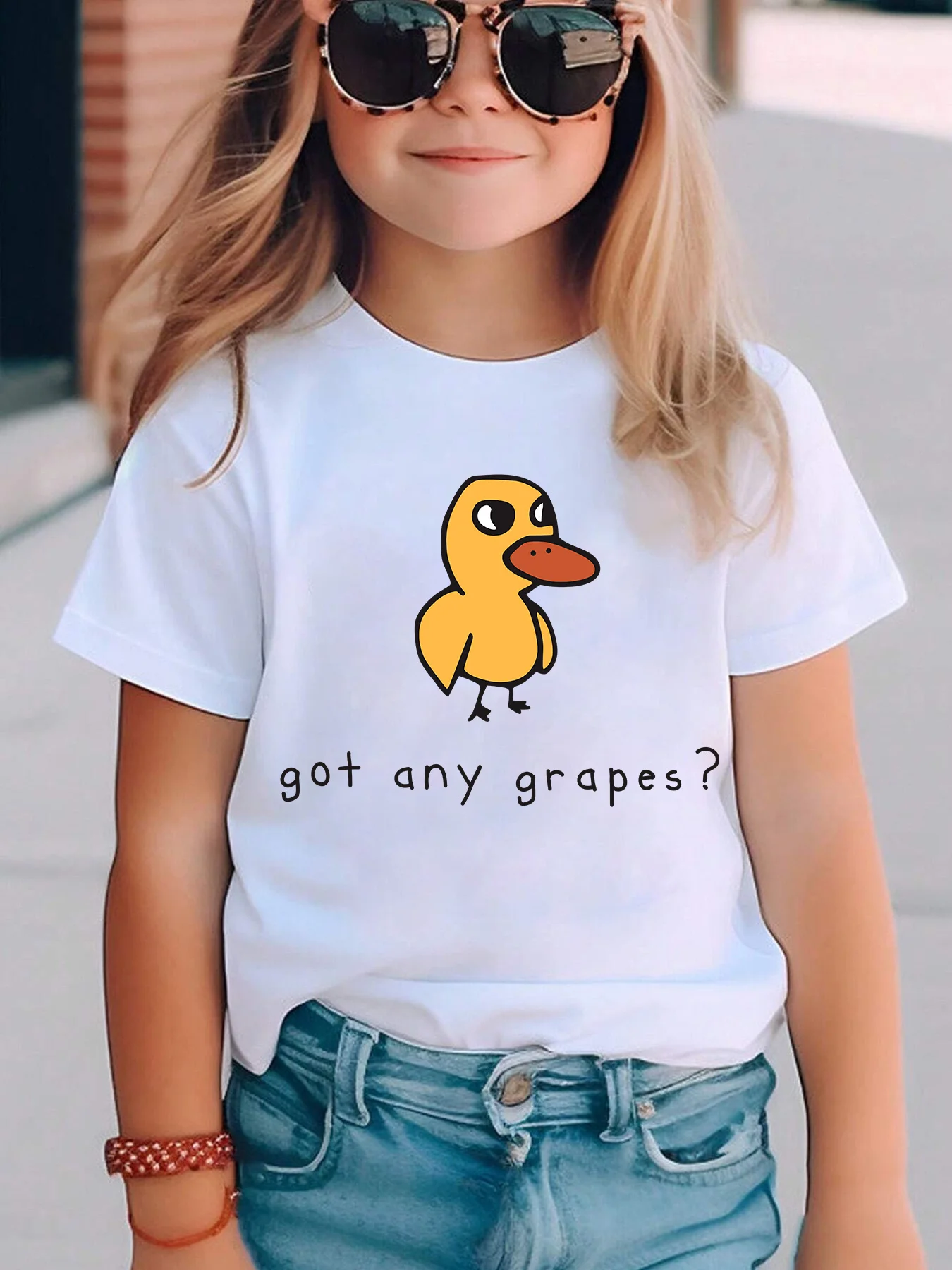 Boys Girls T-Shirt Got Any Grapes Yellow Duck Graphic Print Summer Casual Short Sleeve Kids Fashion Tops Cute Daily Tees