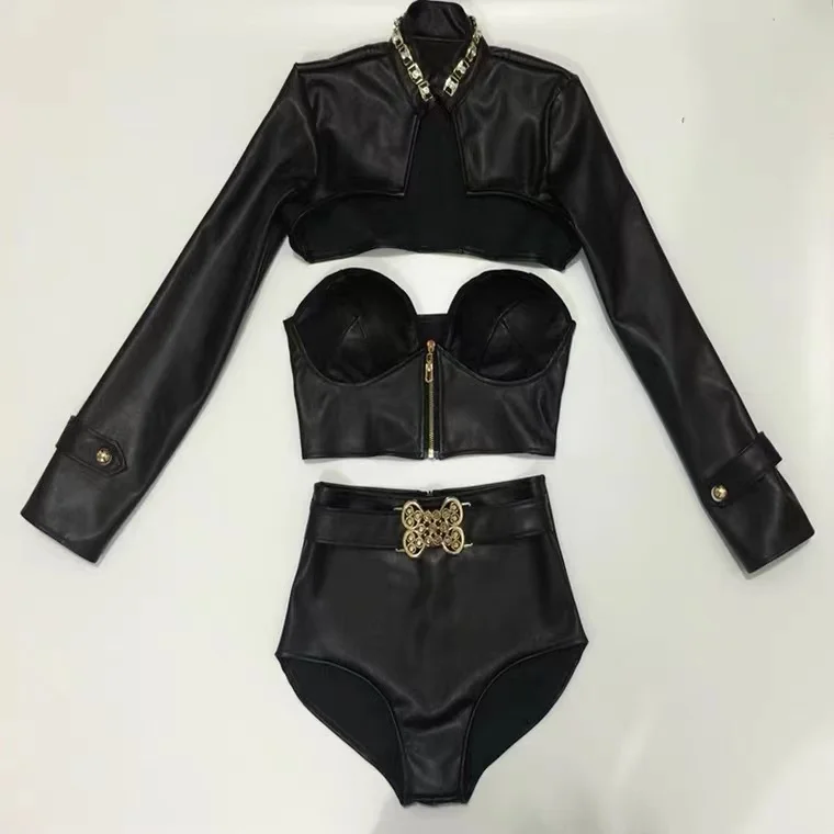 

Sexy Female PU Leather Black Bikini Waistcoat Performance Clothes Jazz HipHop Dance Costumes Nightclub Party Singer Teams Outfit