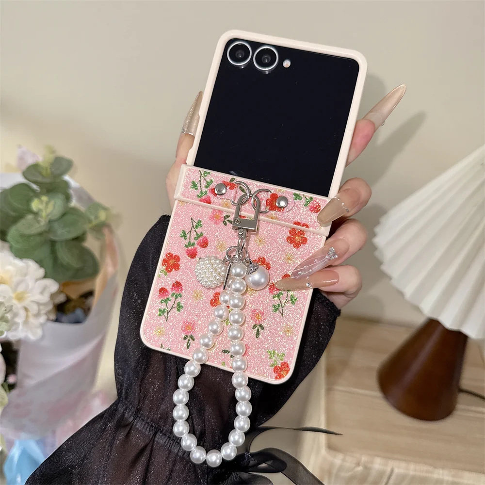 

Korean Cute Little Flower Glitter Phone Case for Samsung Galaxy Z Flip5 6 7 Flip6 7 FE Flip7 6 5 4 3 Cover With Pearl Chain Case