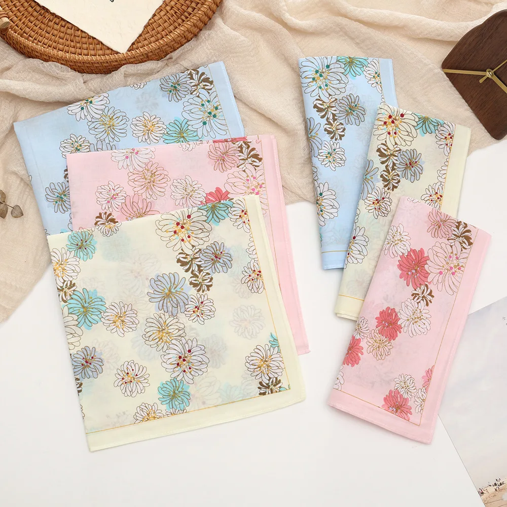 43cm Japanese Style Floral Cotton Handkerchief, Thin Breathable Gradient Print Ladies Square Hanky