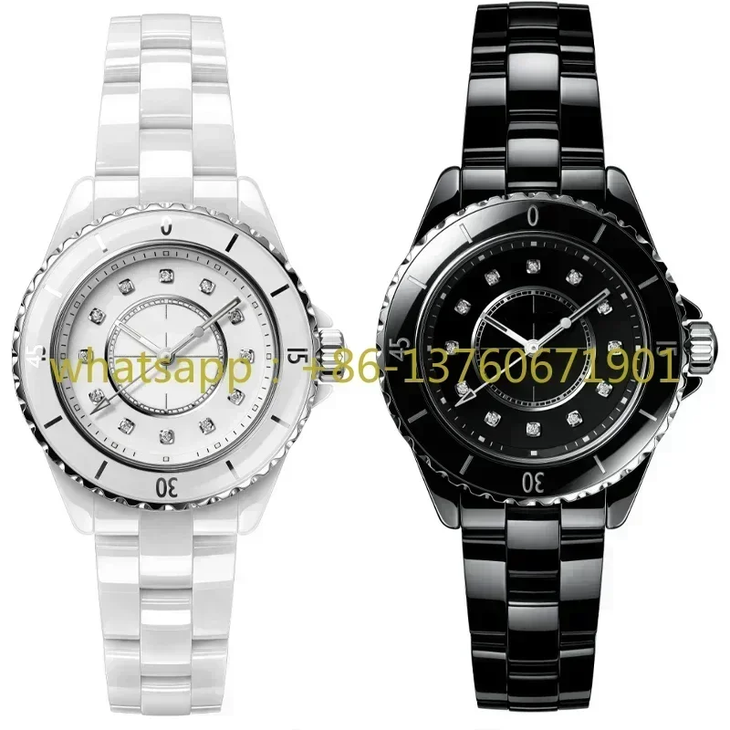 Luxury New Master Quality Quartz Watch for Women Men Charming Lady Black White Ceramic Strap Diamonds Dial Fashion Watches