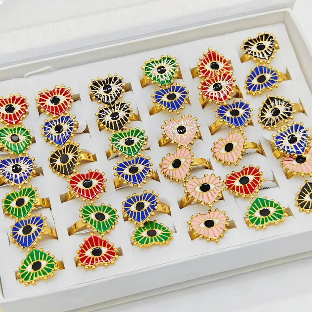 20/30/50pcs Wholesale Mix Design Gold Plated Eye Rings For Women Trendy Round Heart Shape Party Jewelry Gift Jewelry Bulk image 5