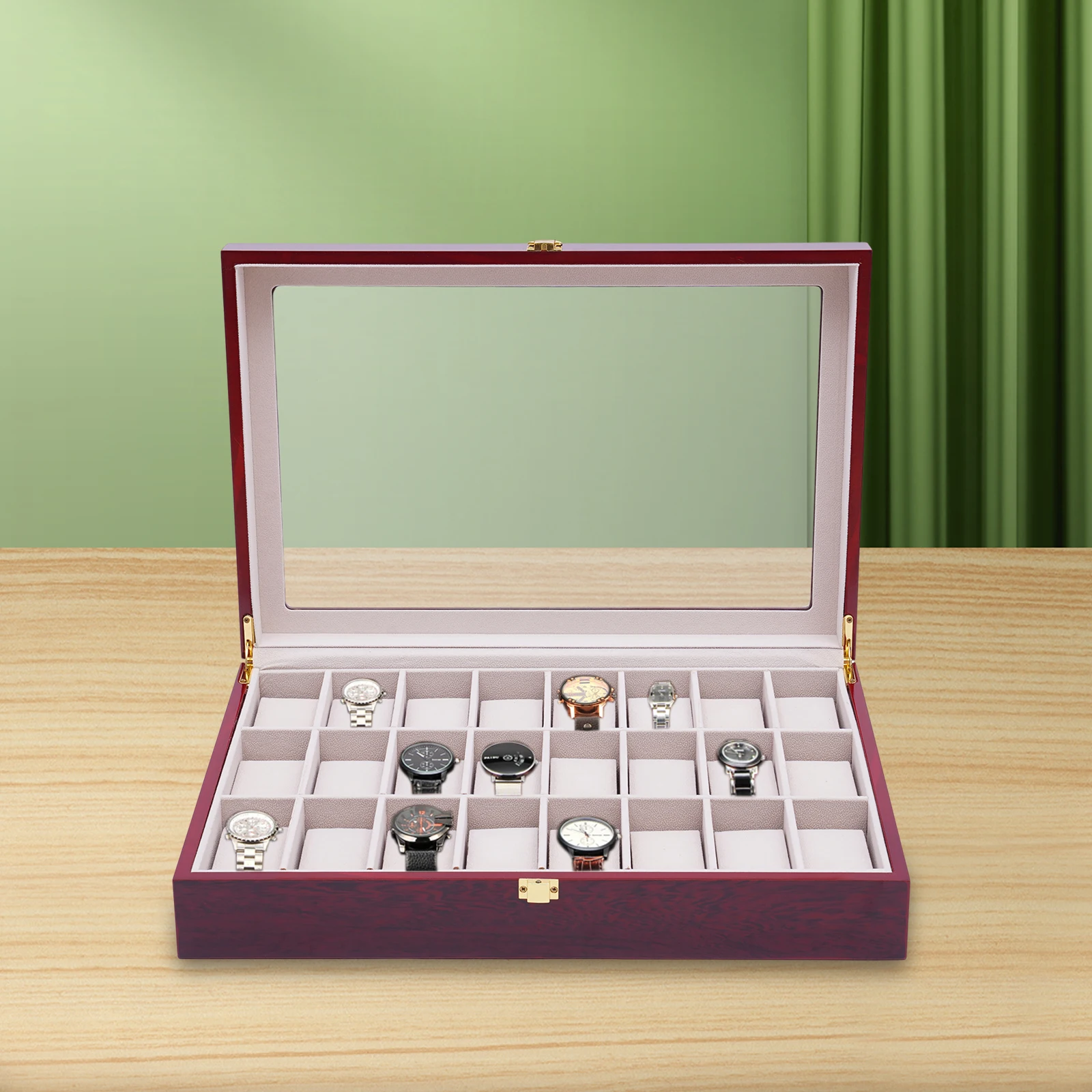 MDF rojo vino 44*29,5*9,7 cm 24 caja de reloj cubierta de vidrio caja de almacenamiento de reloj caja de almacenamiento de exhibición Retro.