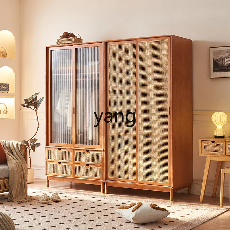 CX solid wood double door wardrobe bedroom storage household sliding door rattan wardrobe