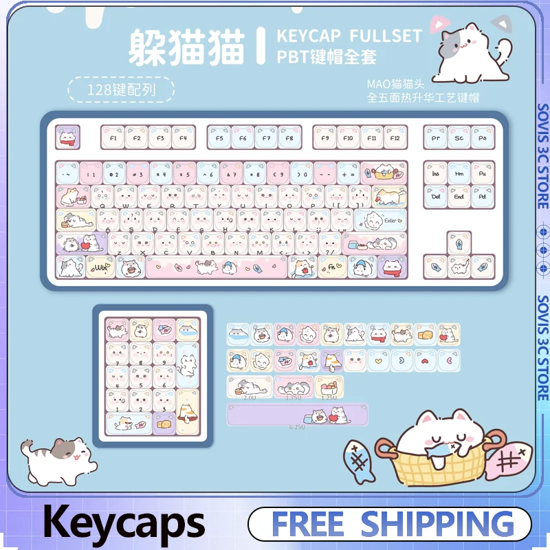 

128 Keys Cat Head Keycaps Anime PBT Heat Sublimation MOA Profile Keycap Custom Key Caps DIY Mechanical Keyboard Cute Girl Gifts