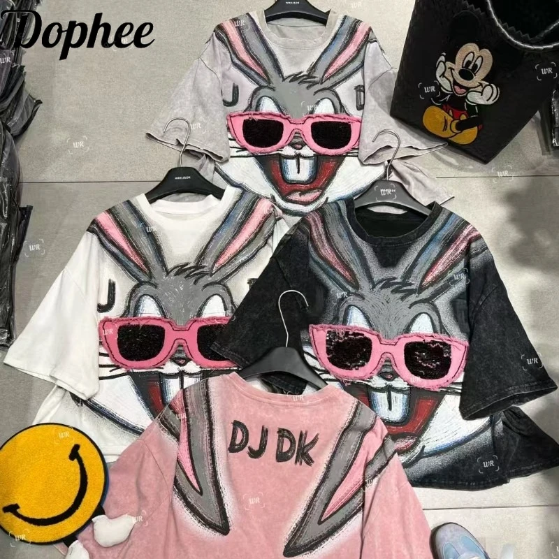 

Hand-painted Graffiti Sequins Loose Short Sleeve T-shirt Spring Summer Women Oversize Pullover Top Casual Cotton Basic T Shirts