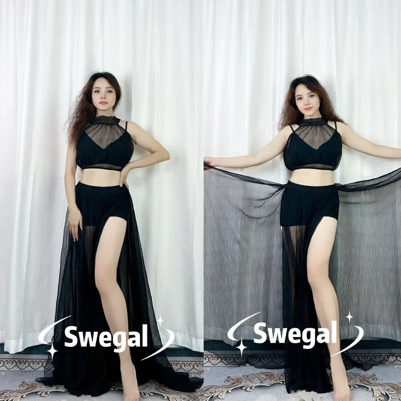 Customized Belly Dancewear Practice Slightly Translucent and Sexy Black Veil Large Swing Skirt Popping Eastern Dance Outfit