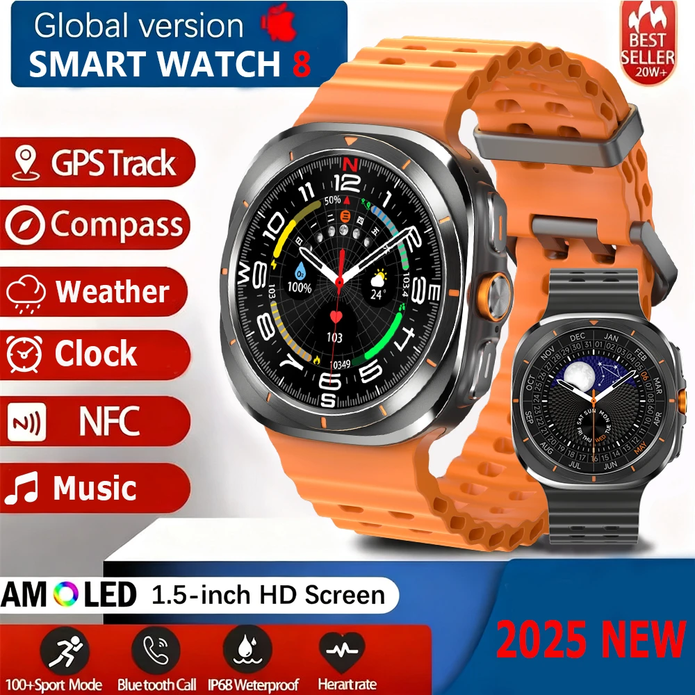 

2025 Original HD8 Ultra Smart Watch Man Waterproof Watches BT Call Map Compass 1.46" AMOLED HD Screen Smartwatch For Men Women