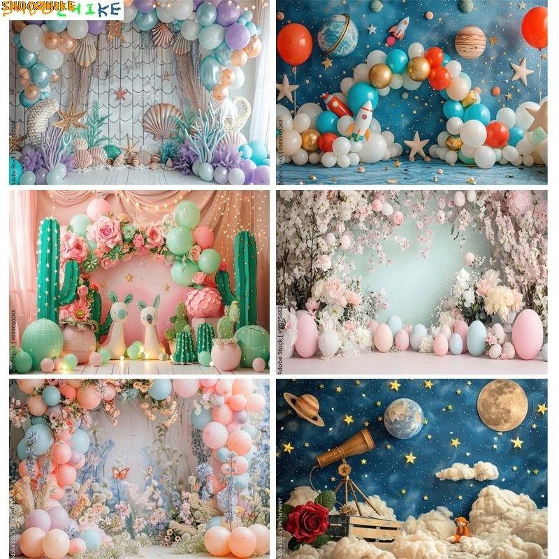 

Mermaid Children Baby Birthday Digital Photography Backdrops Prop Vibrant Balloons Rainbow Clouds Photo Studio Background AO-09