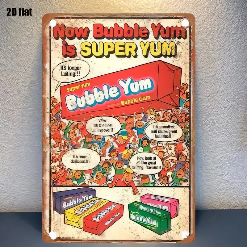 Bubble Yum Bubble Gum Vintage Metal Tin Sign - Retro Wall Art with Cartoon Characters & Colorful Packs, Iron, Perfect for Bar, C