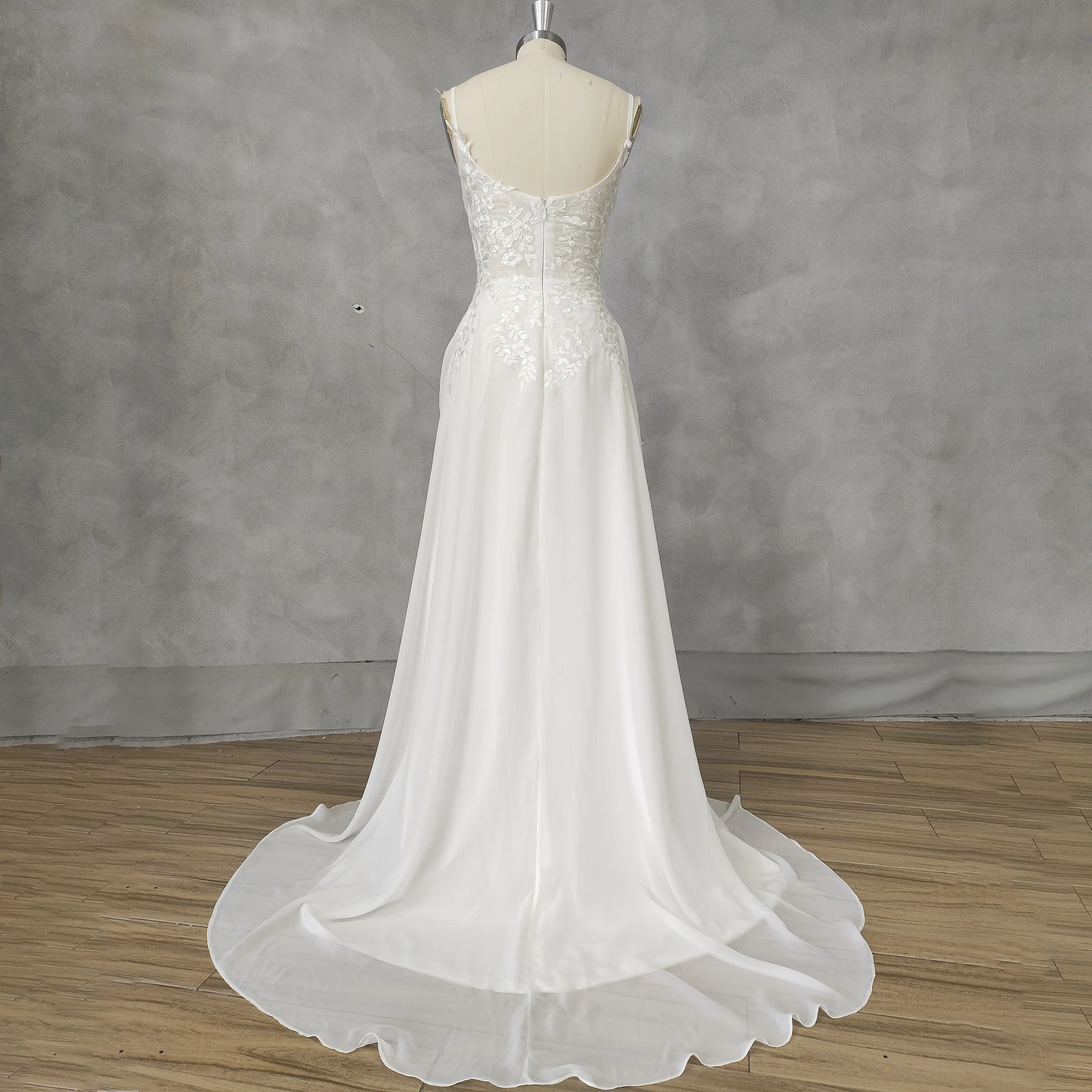 Spaghetti Strap Floral Lace Chiffon Wedding Dress Backless High Slit Train A Line Ivory Custom Vestido Novia Beach Garden Bride image 5